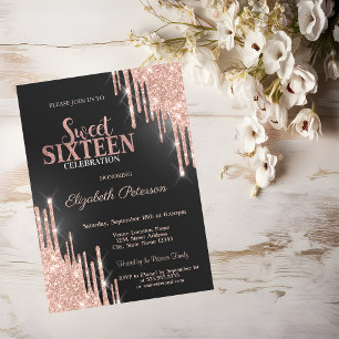 Invitación Rosa Dorado Glitter Caídas Verde Chic Cumple Dulce