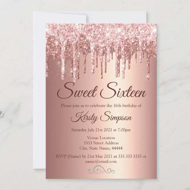 Invitación Rosa Dorado Glitter Destello Dulces Dieciséis (Anverso)