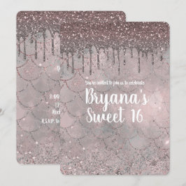 Invitación Rosa Dorado Glitter Rosa Goteo Sirena Fiesta Dulce