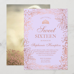 Invitación Rosa dorado lavanda floral Tiara moda Dulce 16