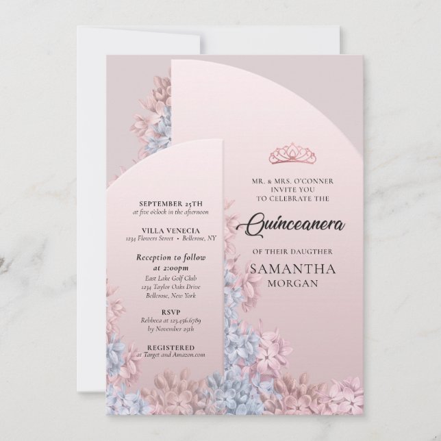 Invitación Rosa dorado lustre de arco rosa Quinceanera (Anverso)