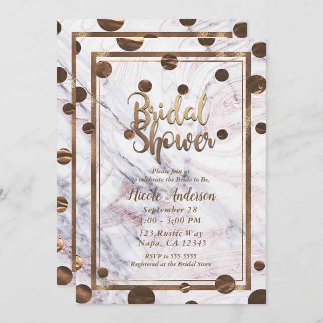 Invitación Rosa Dorado Marble Swirl Bronze Copper Bridal Show (Anverso / Reverso)