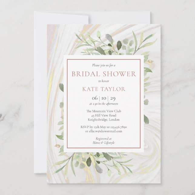 Invitación Rosa Dorado Marble Watercolor Greenery Bridal Show (Anverso)