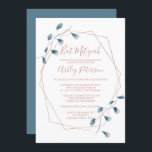 Invitación Rosa dorado marco color agua moda azul Bat Mitzvah<br><div class="desc">Tipografía de marco geométrico en oro Rosa Bat Mitzvah con ramas de hojas azules pintadas a mano sobre fondo blanco personalizable.</div>