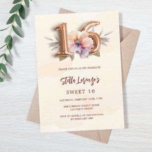 Invitación Rosa dorado melocotón floral Sweet 16 lujo