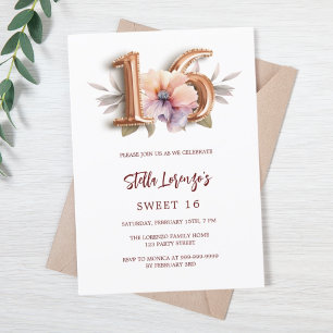 Invitación Rosa dorado melocotón floral Sweet 16 lujo