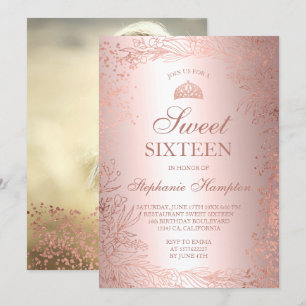 Invitación Rosa dorado metálico Tiara moda Dulce 16
