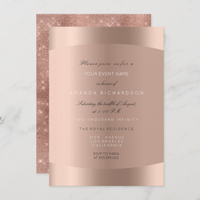 Invitación Rosa Dorado Negro Blanco Minimal Brillo Brillante (Anverso / Reverso)