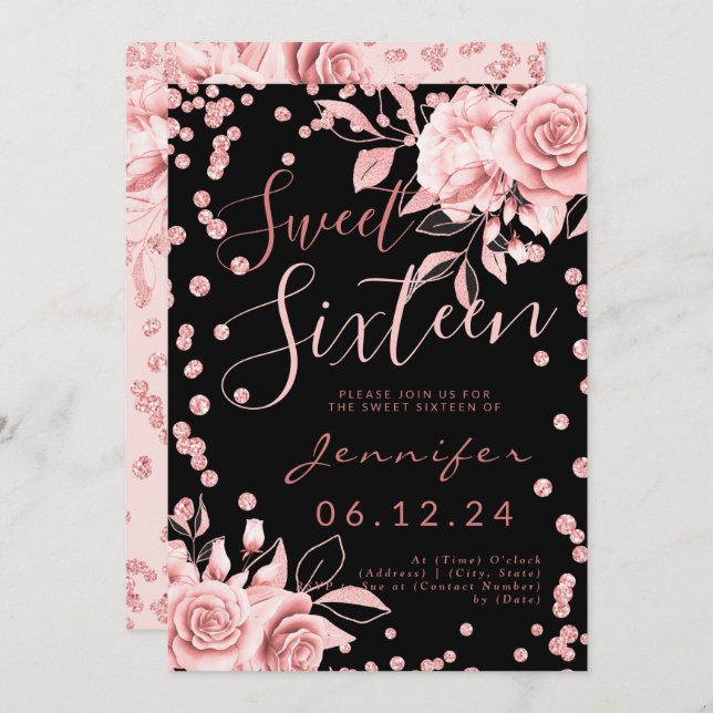 Invitación Rosa Dorado Negro Dulce 16 Purpurina Confetti Flor (Anverso / Reverso)