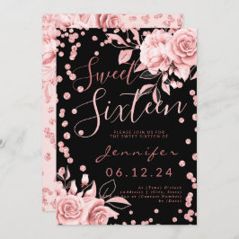 Invitación Rosa Dorado Negro Dulce 16 Purpurina Confetti Flor