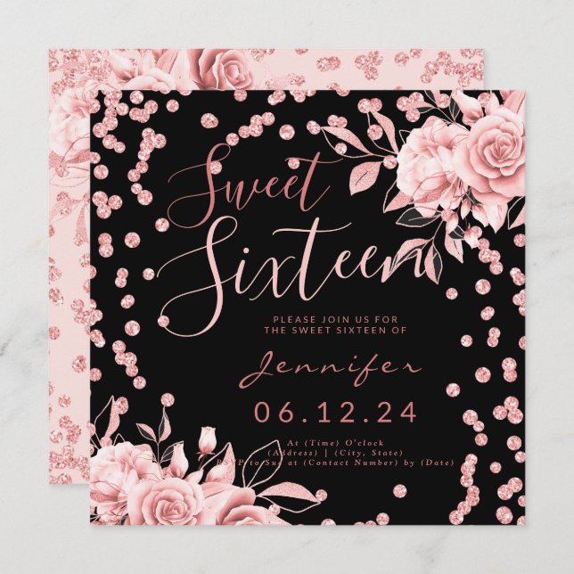 Invitación Rosa Dorado Negro Dulce 16 Purpurina Confetti Flor (Anverso / Reverso)