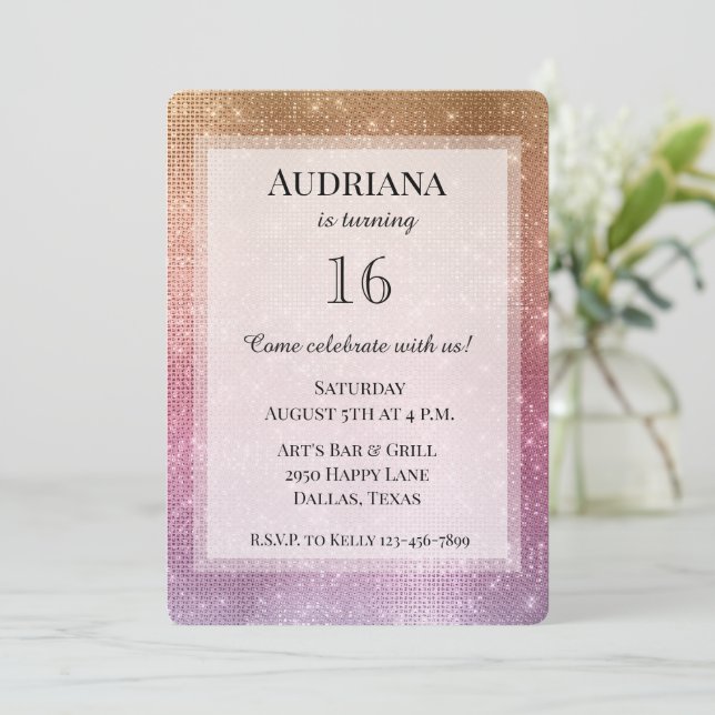 Invitación Rosa Dorado Pink Purple Sparkle Cumpleaños (Anverso de pie)