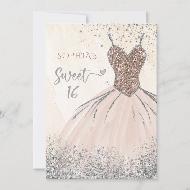 Invitación Rosa Dorado Plata Sparkle Vestido dulce de 16 años (Anverso)