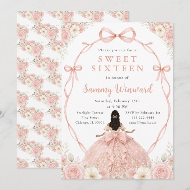 Invitación Rosa Dorado Princesa Negra Dulces Dieciséis (Anverso / Reverso)
