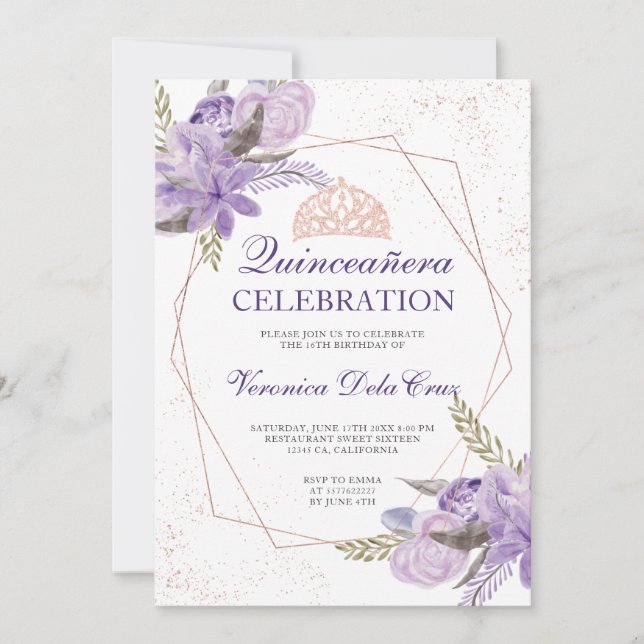 Invitación Rosa dorado púrpura acuarela floral Quinceanera (Anverso)