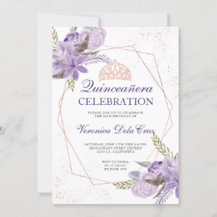 Invitación Rosa dorado púrpura acuarela floral Quinceanera