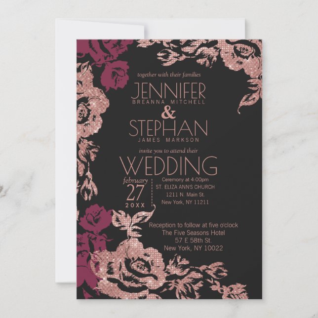 Invitación Rosa dorado Purpurina Boda floral rojo negro (Anverso)