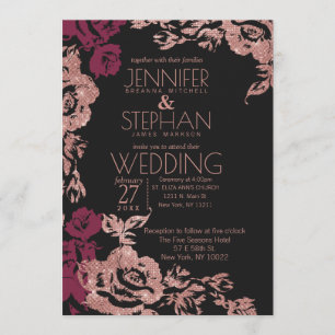 Invitación Rosa dorado Purpurina Boda floral rojo negro