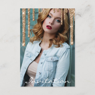 Invitación Rosa Dorado Purpurina Drip Bridal Shower Birthday 