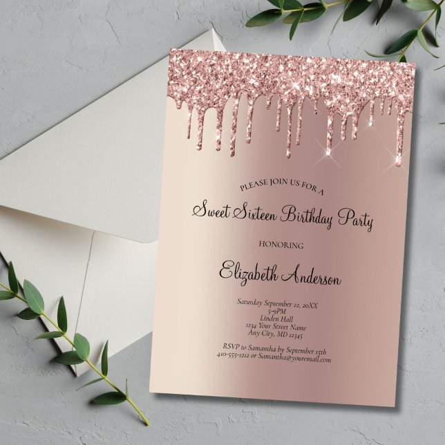 Invitación Rosa Dorado Purpurina Drip Glam Sweet 16 Cumpleaño (Rose Gold Dripping Glitter Glam Bling Sweet 16 Birthday Party Invitation. Printed or Digital)