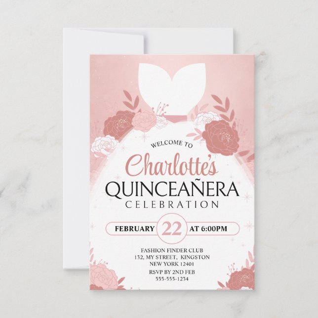Invitación Rosa Dorado Quinceanera Vestido Princesa Floral (Anverso)