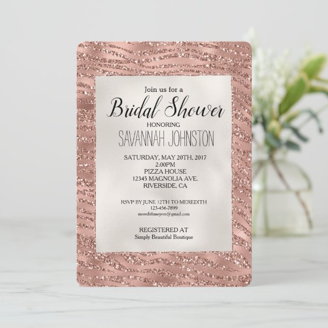 Invitación Rosa Dorado Rosa Glam Purpurina Zebra Bridal (Anverso de pie)