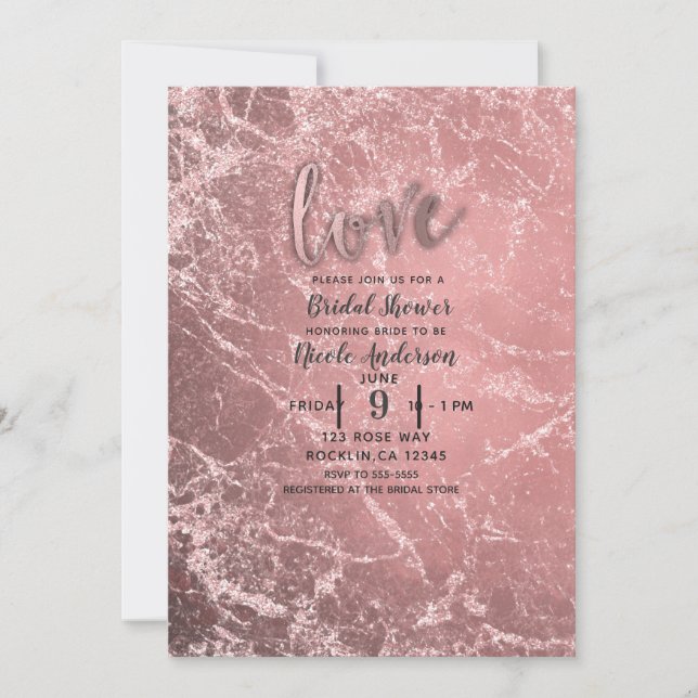 Invitación Rosa Dorado Rosa Moderno Glam Marble Bridal Ducha (Anverso)