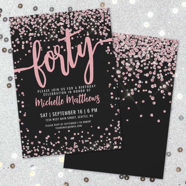 Invitación Rosa Dorado Rosa Negro Cumpleaños 40 (Rose Gold Pink Black 40th Birthday Invitation)