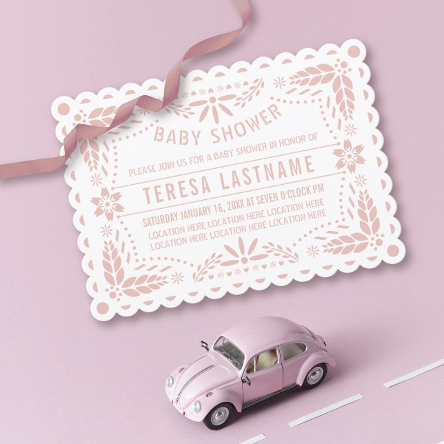 Invitación Rosa dorado rosa papel picado ducha de bebé blanca (Subido por el creador)