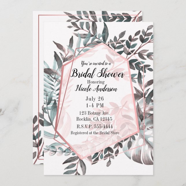 Invitación Rosa Dorado Rosa Rubor Botánica Bridal Shower (Anverso / Reverso)