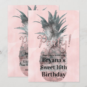 Invitación Rosa Dorado Rosa Tropical Verano Piña Fiesta