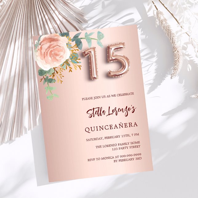 Invitación Rosa dorado rosa vegetación floral Quinceanera (Subido por el creador)