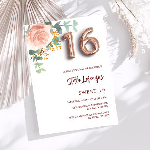 Invitación Rosa dorado rosa vegetación floral Sweet 16 lujo