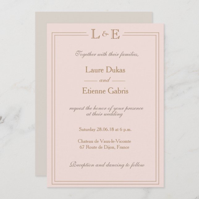 Invitación Rosa dorado rosado monograma boda moderno gris (Anverso / Reverso)