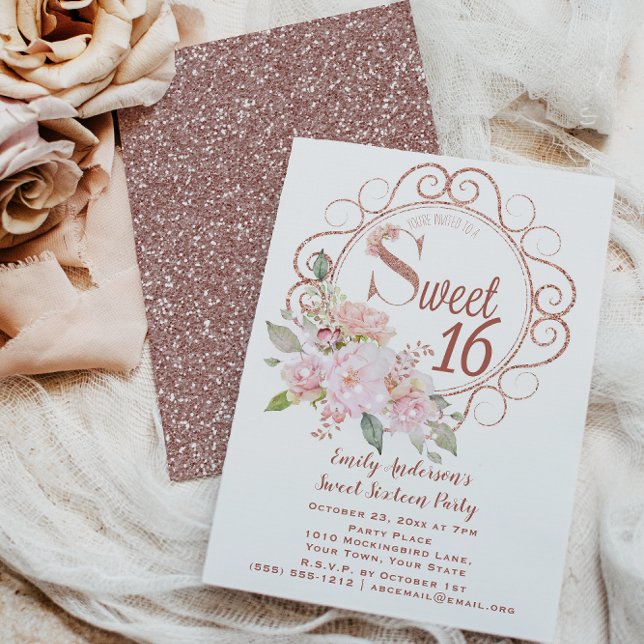 Invitación Rosa Dorado Rubor Purpurina rosa Floral Sweet 16 (Subido por el creador)