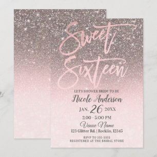 Invitación Rosa Dorado Rubor Rosa Brillo Brillo Glam Sweet 16