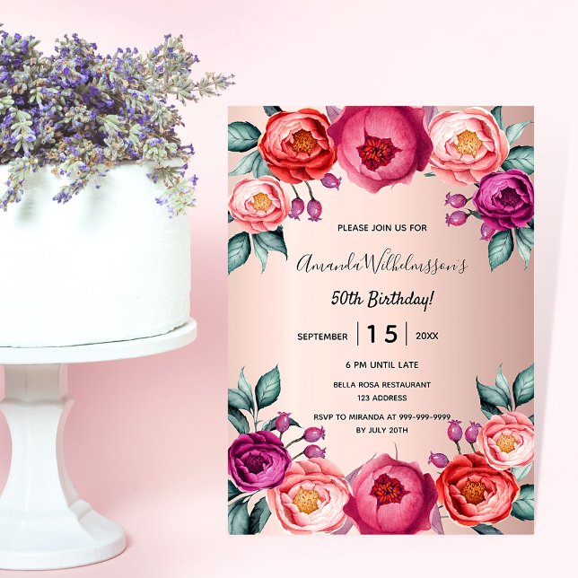 Invitación Rosa dorado rubor rosa morado cumpleaños floral (Subido por el creador)