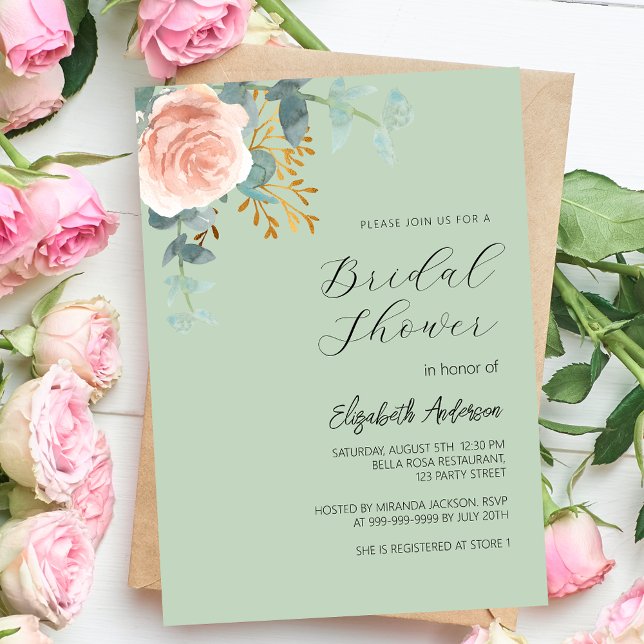 Invitación Rosa dorado sage floral guión verde Bridal Shower (Subido por el creador)