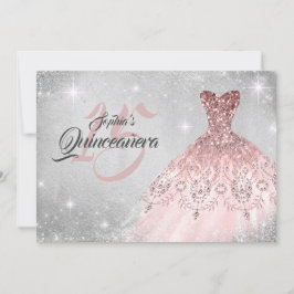 Invitación Rosa Dorado Silver Lace Diamond Gown Quinceanera
