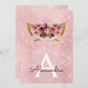 Invitación Rosa Dorado Sparkle Kitty Sweet Dieciséis Cumpleañ