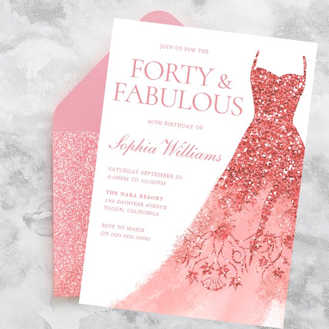 Invitación Rosa Dorado Sparkle Vestido 40 Fiesta de cumpleaño (Subido por el creador)