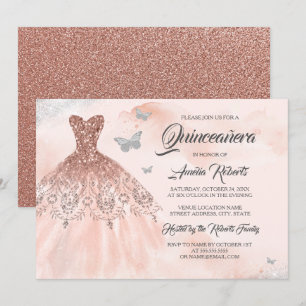 Invitación Rosa Dorado Sparkle Vestido color de agua Quincean