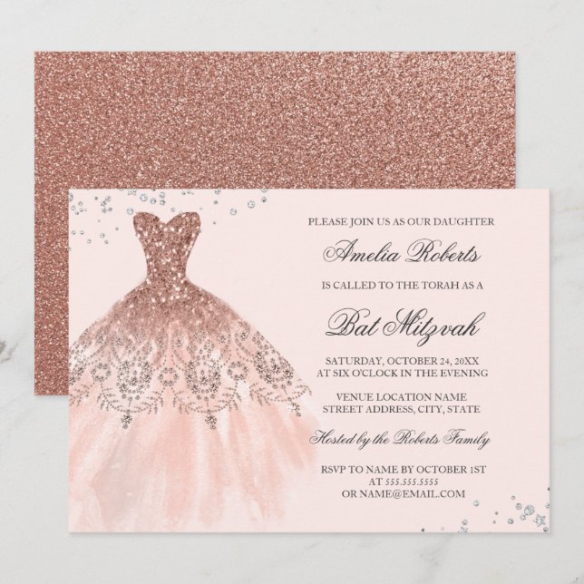 Invitación Rosa Dorado Sparkle Vestido Diamond Bat Mitzvah (Anverso / Reverso)