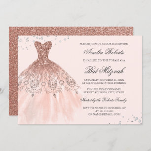 Invitación Rosa Dorado Sparkle Vestido Diamond Bat Mitzvah