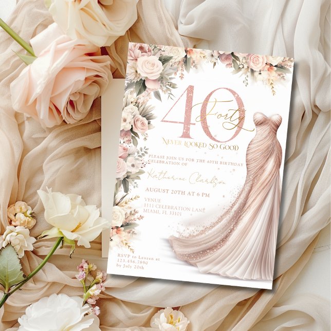 Invitación Rosa Dorado Sparkle Vestido Floral 40 cumpleaños F (Subido por el creador)