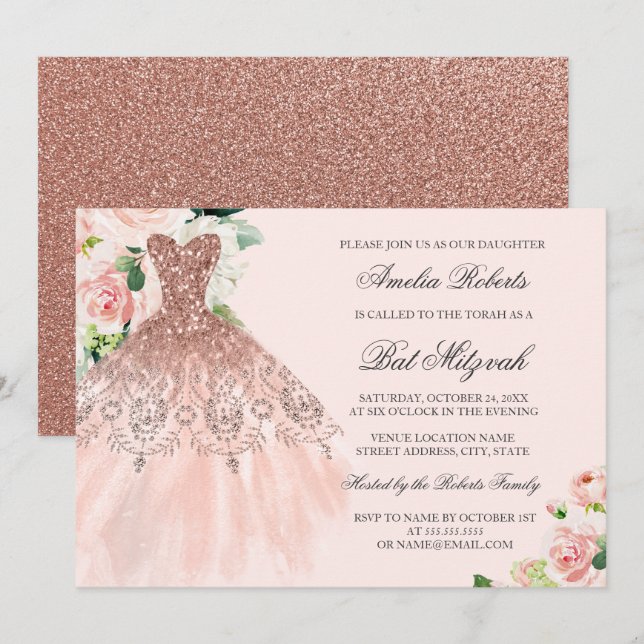 Invitación Rosa Dorado Sparkle Vestido Floral Bat Mitzvah (Anverso / Reverso)