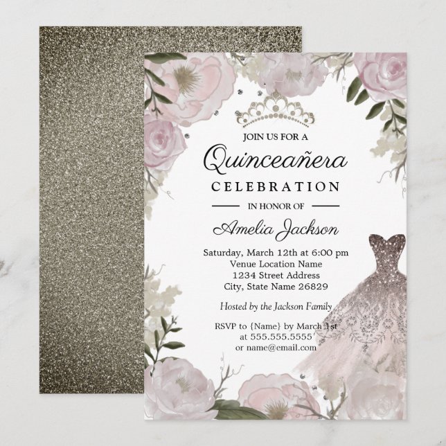 Invitación Rosa Dorado Sparkle Vestido Floral Quinceanera (Anverso / Reverso)