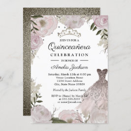 Invitación Rosa Dorado Sparkle Vestido Floral Quinceanera