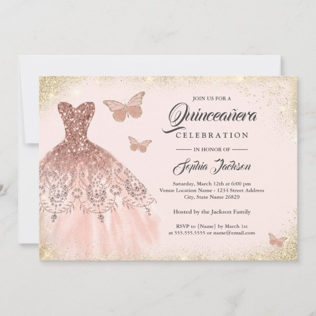 Invitación Rosa Dorado Sparkle Vestido Mariposa Quinceanera (Anverso)