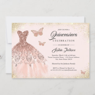 Invitación Rosa Dorado Sparkle Vestido Mariposa Quinceanera